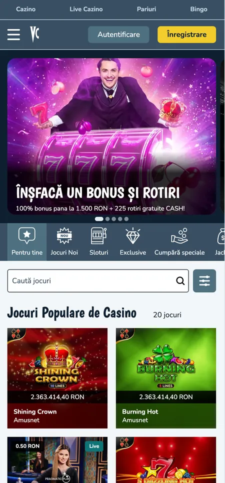 Vlad Casino mobile lobby with bonus carousel and game categories