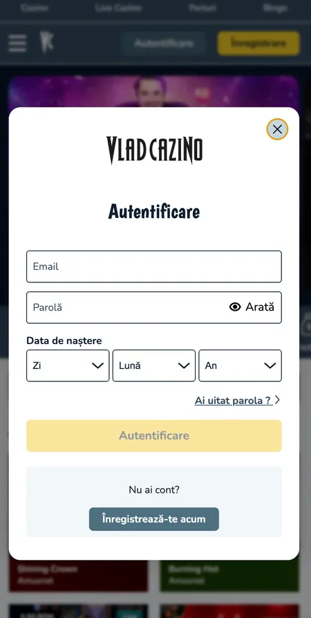 Vlad Casino Autentificare login modal with email and date of birth fields