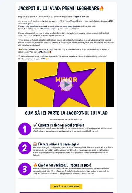 Vlad Jackpot promo page showing Mini Minor Major and Grand levels