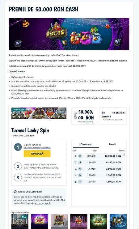 Lucky Spin Pirots tournament with 50000 RON prize pool