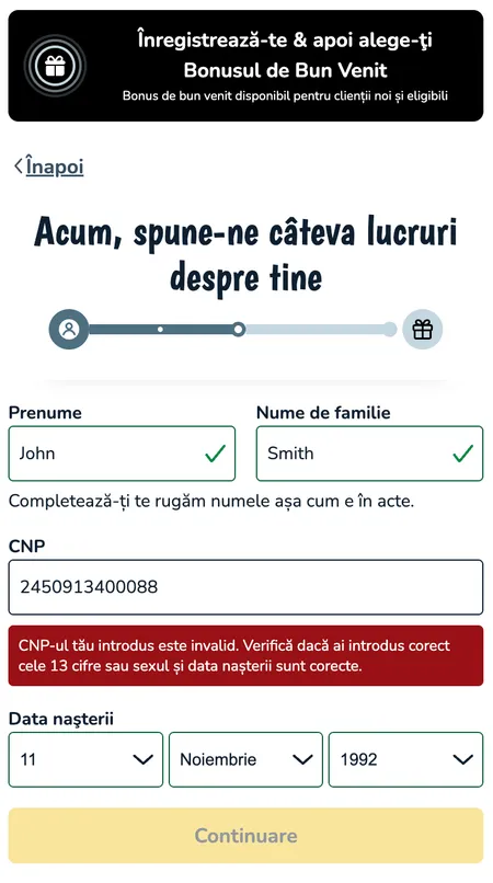 Vlad Cazino CNP validation error message